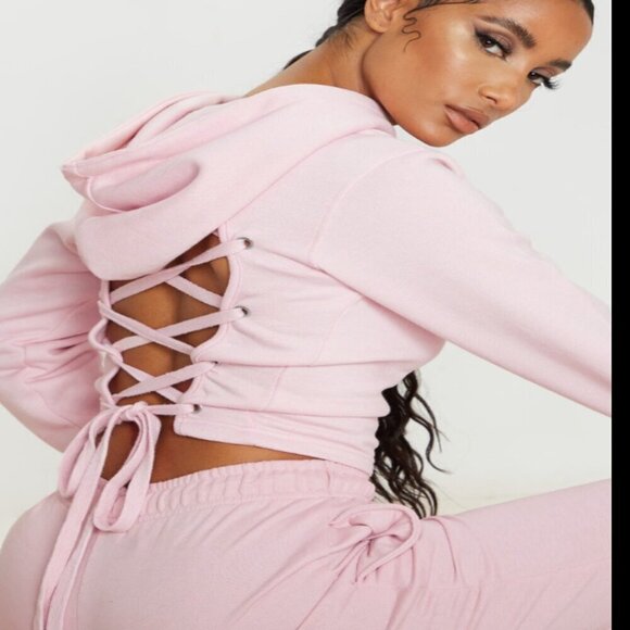 PrettyLittleThing Baby Pink Lace Up Back Crop Hoodie M - Picture 1 of 12